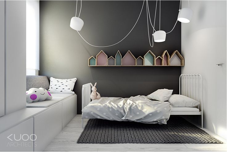 Dormitorio infantil de estilo nórdico decorado en gris y blanco
