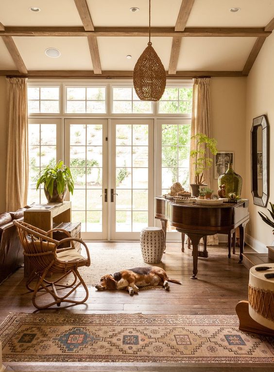 Espacio salón decorado con aires naturales de una casa con perros